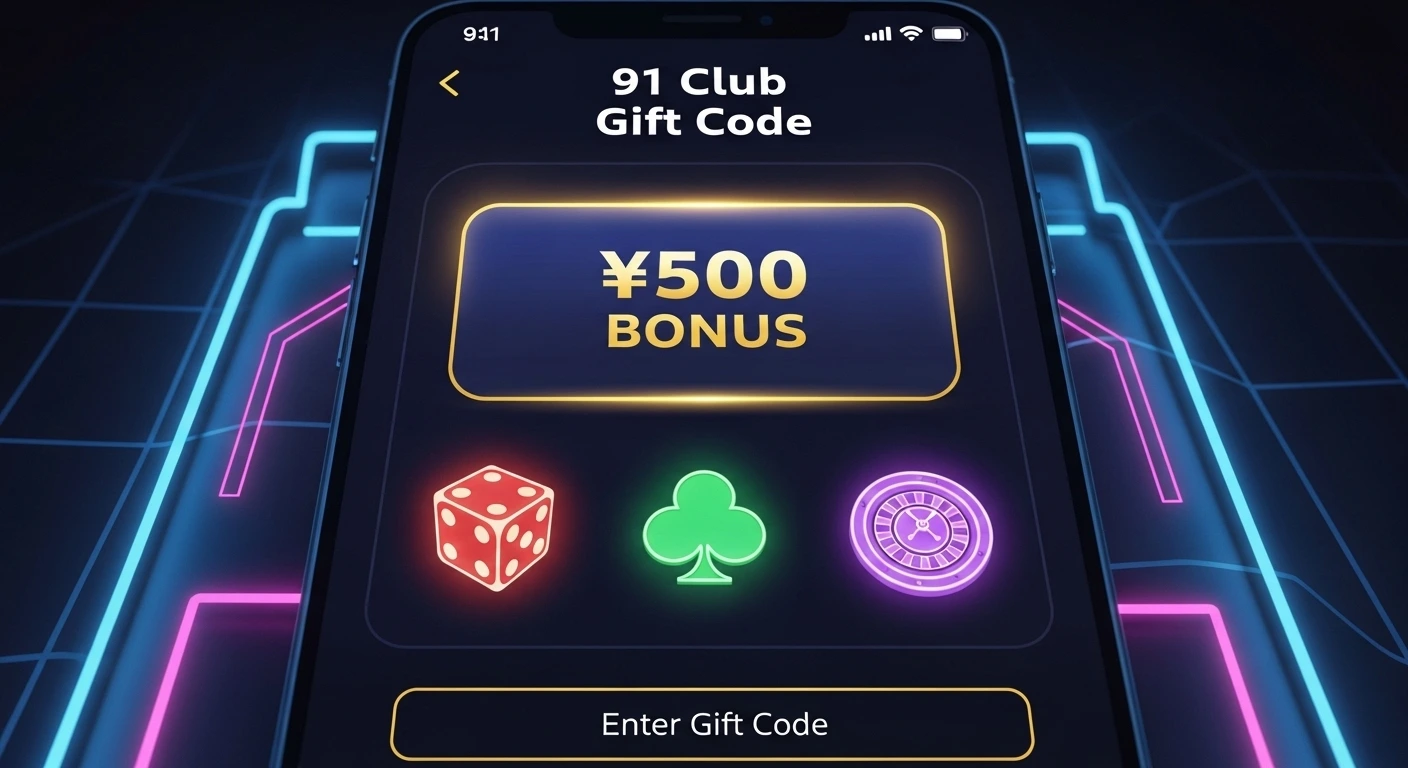 Smartphone screen showing 91 Club Gift Code with ₹500 bonus offer.