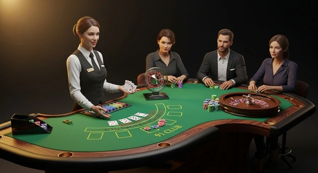 Illustration of live dealer casino table in 91 Club app with cards, roulette wheel, and players in real-time