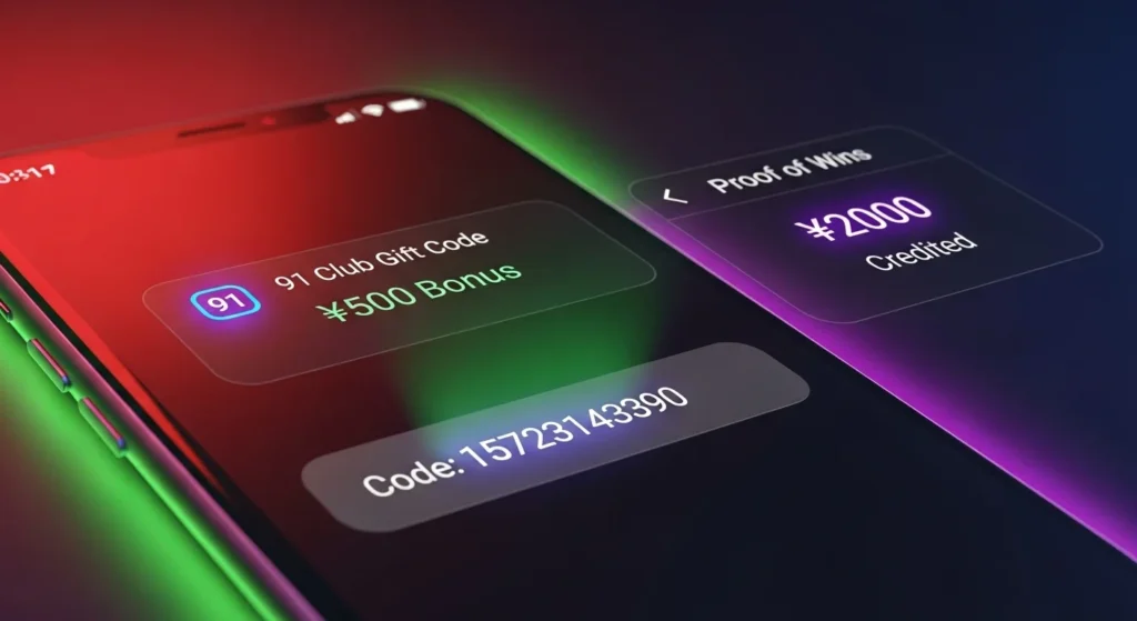 Verified 91 Club Gift Code image with proof of bonus credits.