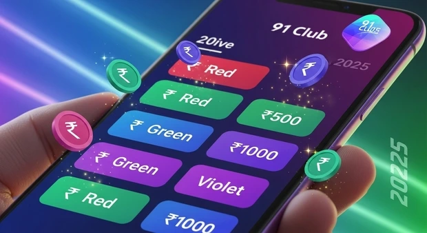 91 Club Game app interface showing color prediction wheel and live betting options