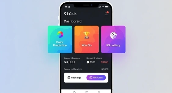 91 Club app dashboard showing color prediction games, wallet balance, and user profile options