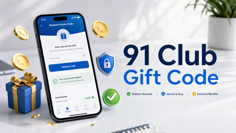 91 club gift code reward redemption screen on smartphone with bonus and security icons