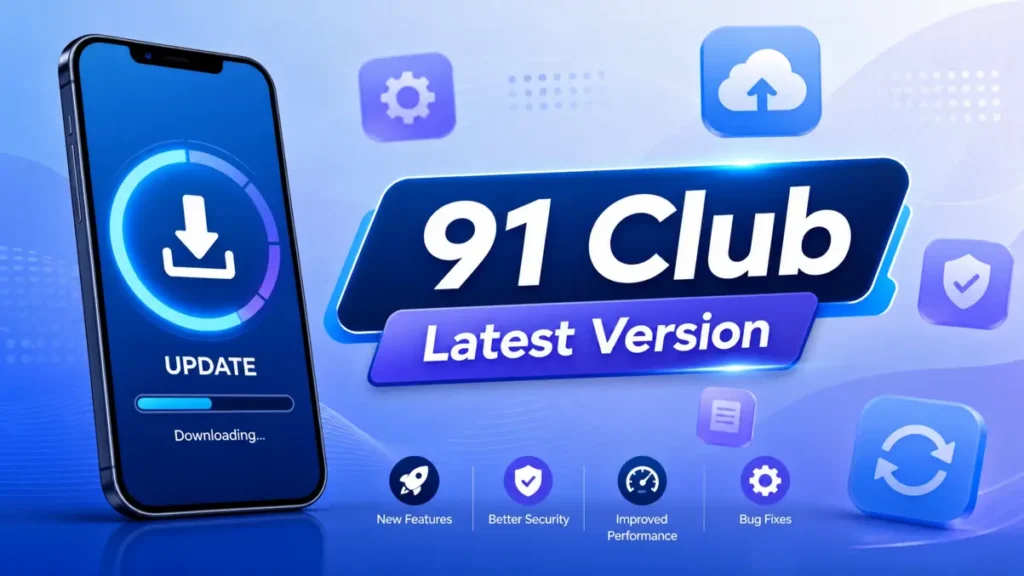 A smartphone screen with an update icon and the text '91 Club Latest Version' in a modern digital setting.