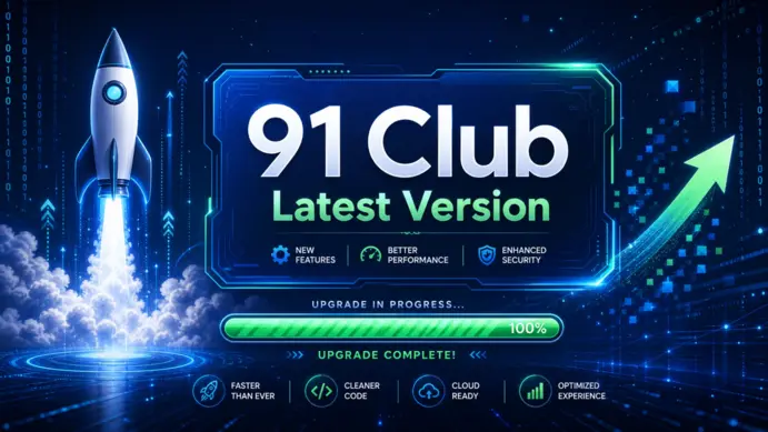 Abstract digital art showing a rocket and a 100% progress bar with the focus text '91 Club Latest Version'.