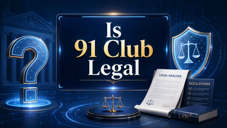 Abstract digital art showing legal documents and a question mark with the focus text 'Is 91 Club Legal'.