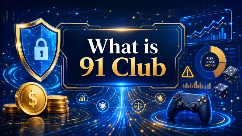 Abstract digital illustration representing online gaming safety and risk with the focus text 'What is 91 Club'.