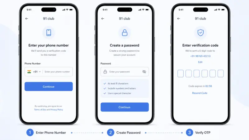 91 club registration steps with phone number and verification code