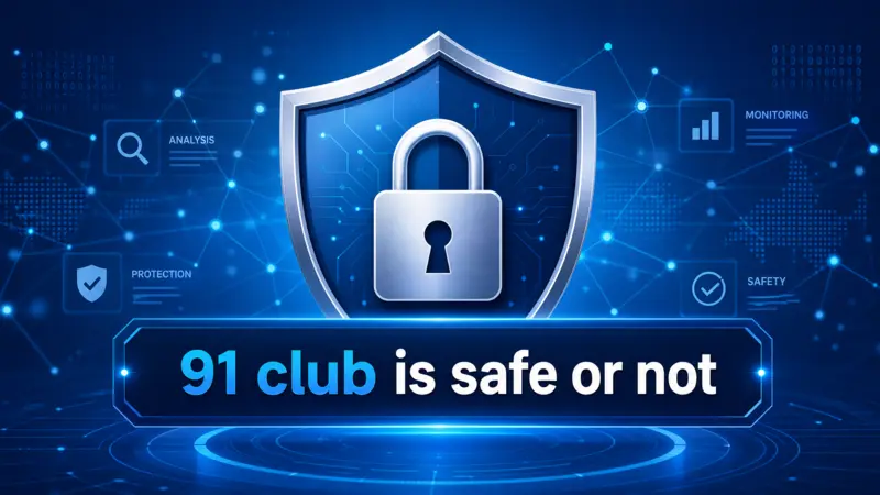 Digital security shield with a padlock and the text '91 club is safe or not' for online safety analysis.