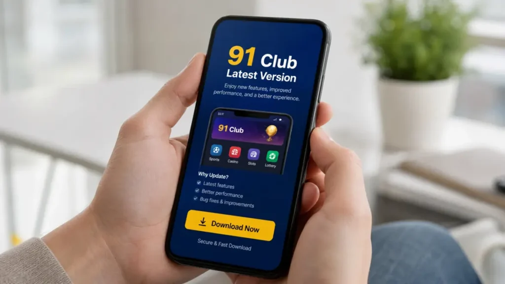 Hands holding a mobile phone showing the '91 Club Latest Version' download page on the screen.