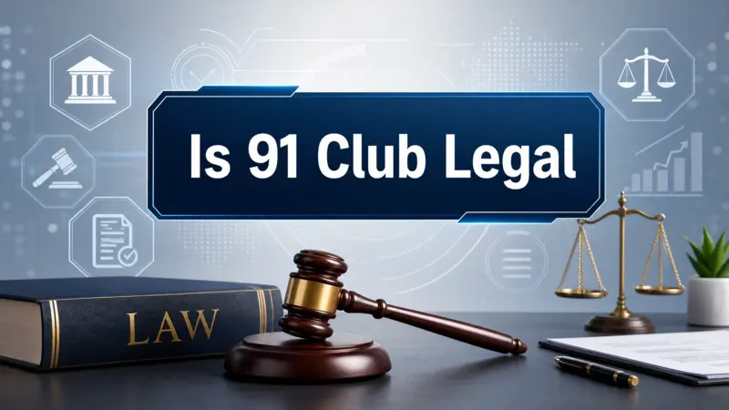 A law gavel and legal book on a desk with a digital display showing 'Is 91 Club Legal'.