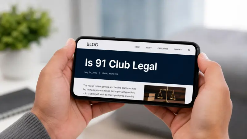 Hands holding a mobile phone with an article about 'Is 91 Club Legal' on the screen.