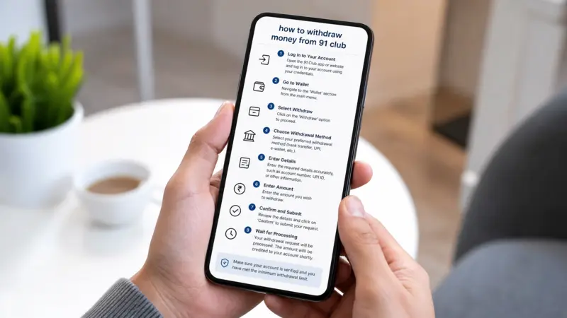 A person holding a smartphone showing a step-by-step guide on how to withdraw money from 91 club.