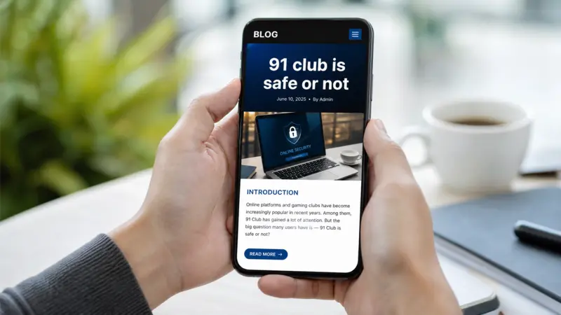 Hands holding a smartphone showing an article about '91 club is safe or not' on the screen.