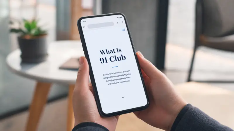 Close-up of hands holding a mobile phone with 'What is 91 Club' text on the screen in a modern indoor environment.