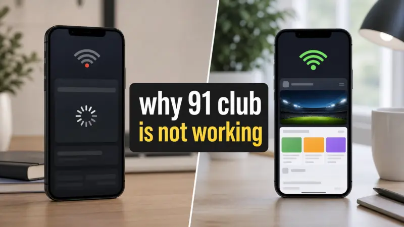 Split screen showing weak internet and app loading issue with why 91 club is not working text