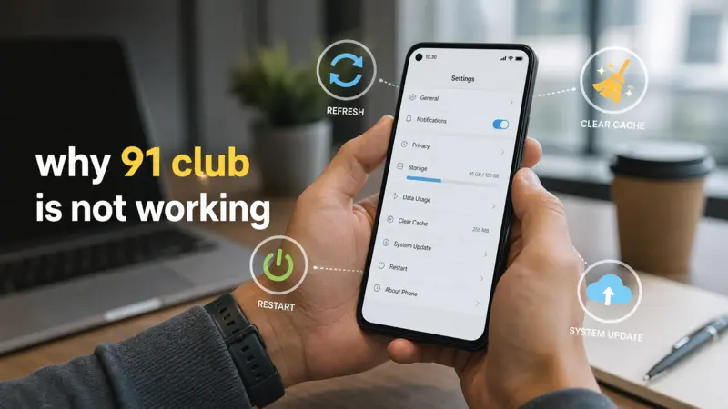 Smartphone troubleshooting steps showing fixes for why 91 club is not working